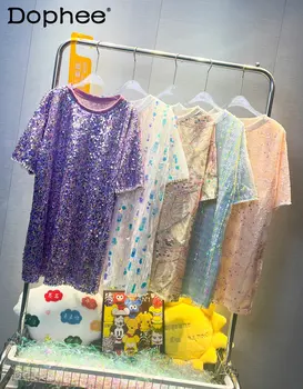 2023 Naujas Vasaros Vakarų Stiliaus Bling Blizgučiais Sunkiųjų trumparankoviai marškinėliai Moterų Prarasti Casaul Vidutinio Ilgio Marškinėlius Suknelė Mados